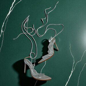 SCHUTZ Silver Leather Laceup Sandals Heels Size 7.5